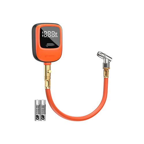 ETENWOLF T600 250 PSI Digital Tire Gauge ETENWOLF T600 digital tire pressure gauge kit with heavy-duty orange hose, swiveling dual-head chuck, and two included AA batteries for professional vehicle maintenance.