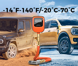 ETENWOLF T600 digital tire gauge showing extreme temperature resistance from -14°F to 140°F (-20°C to 70°C) for desert and snow conditions.
