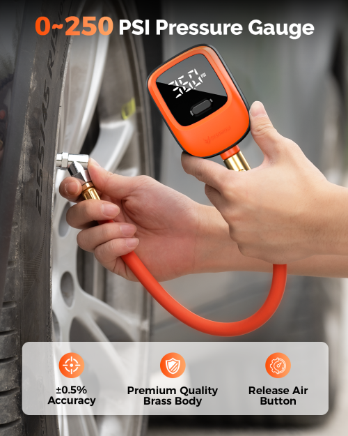 Handheld operation of ETENWOLF T600 tire gauge on a car wheel, highlighting ±0.5% accuracy, premium brass body, and the easy-to-use air release button.