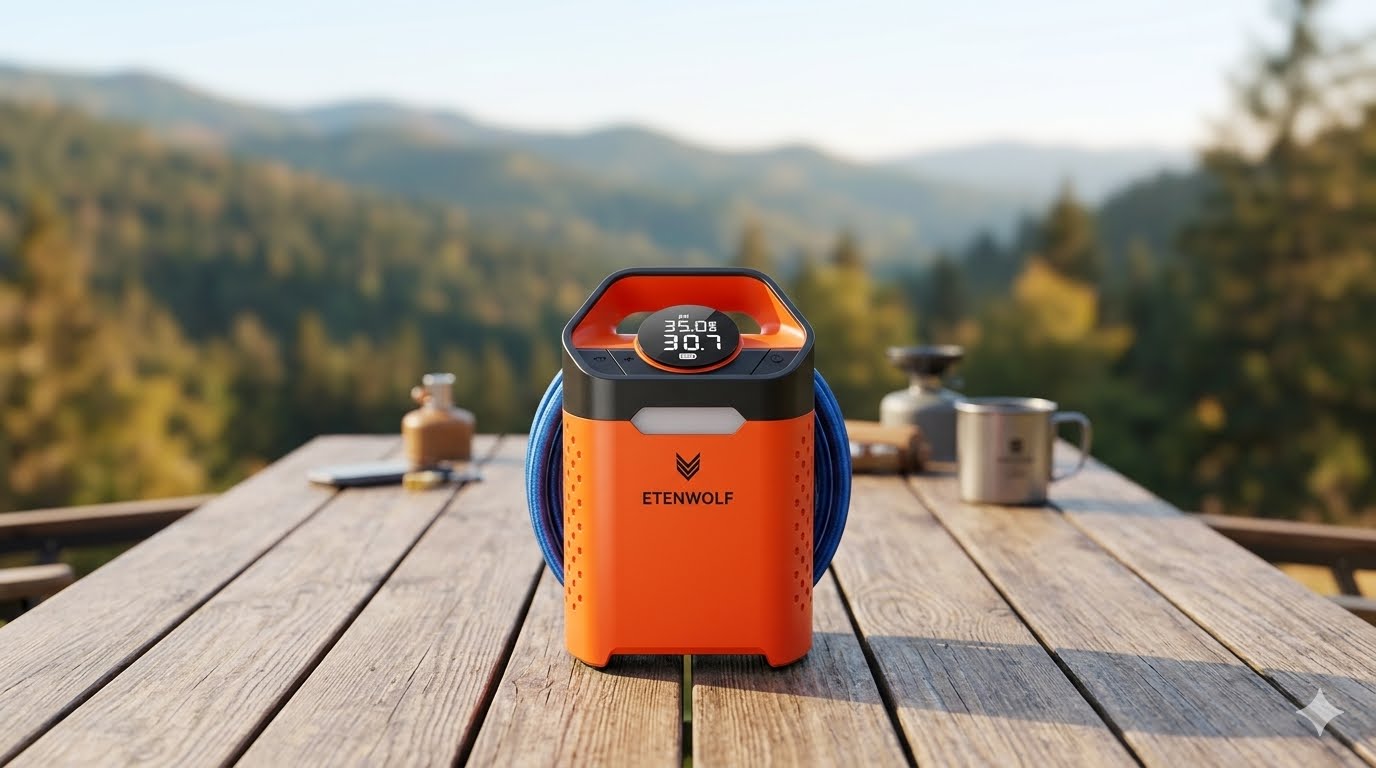 ETENWOLF ZEPHYR V3 portable cordless tire inflator sitting on an outdoor wooden camping table with a blurred background of mountains and forests