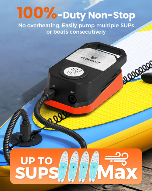 ETENWOLF VORTEX S4 electric pump with 100% duty cycle, capable of inflating 4 SUPs consecutively without overheating