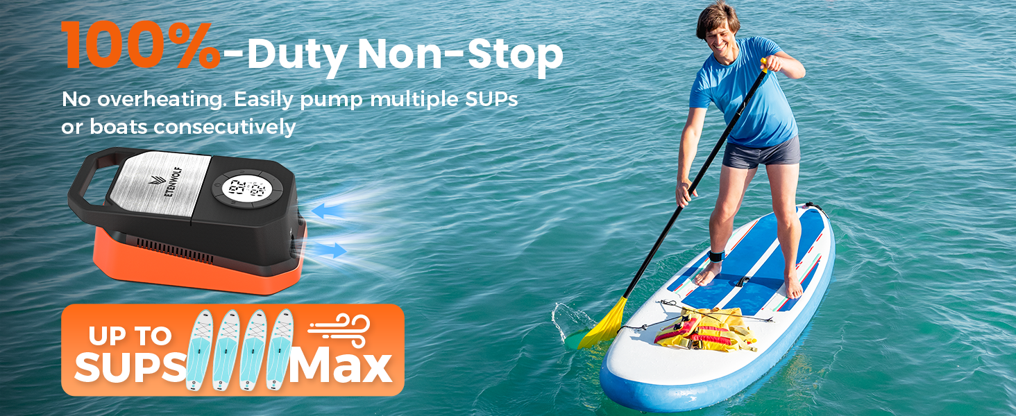 ETENWOLF VORTEX S4 electric pump on the water, showing 100% duty cycle to inflate up to 4 SUPs consecutively without overheating.