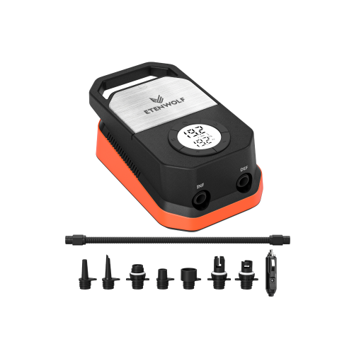 ETENWOLF VORTEX S4 20 PSI electric paddle board pump with 7 nozzles, air hose and 12V DC car connector.