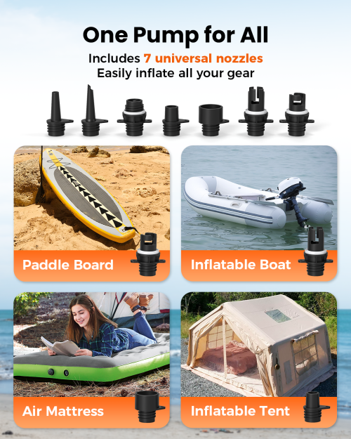 ETENWOLF VORTEX S4 electric pump with 7 universal nozzles for paddle boards, inflatable boats, air mattresses, and tents.