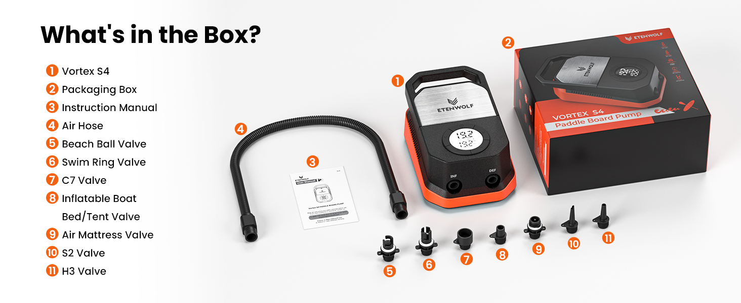 Comprehensive package contents of ETENWOLF VORTEX S4: includes S4 pump, 7 nozzles, air hose, DC power cable, and manual.