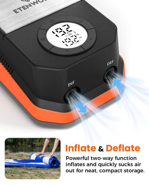 ETENWOLF VORTEX S4 electric pump featuring powerful two-way inflation and deflation functions for quick SUP storage.