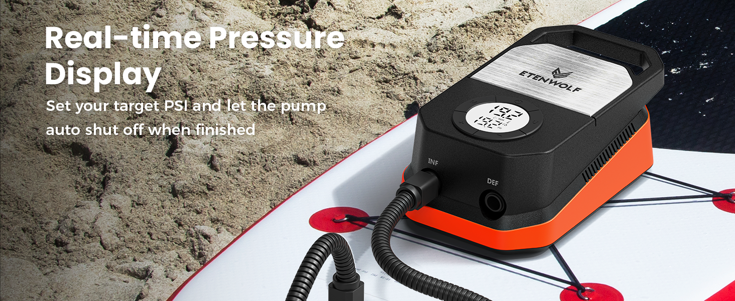 ETENWOLF VORTEX S4 electric pump with 100% duty cycle, capable of inflating 4 SUPs consecutively without overheating.