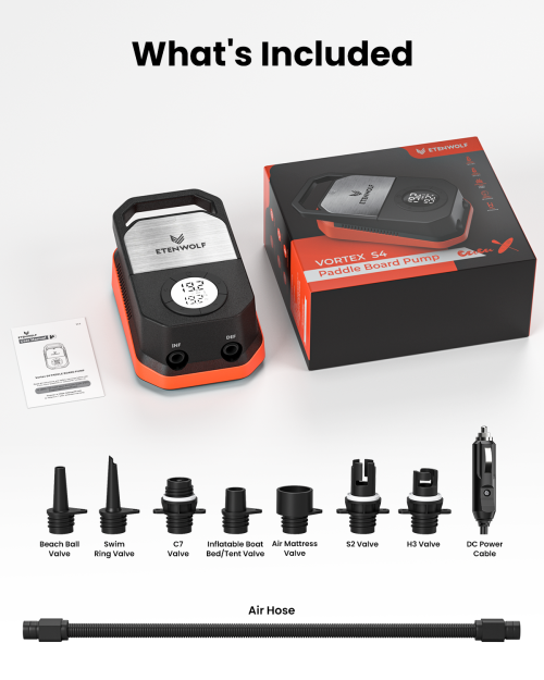 ETENWOLF VORTEX S4 20 PSI electric paddle board pump with 7 nozzles, air hose and 12V DC car connector.