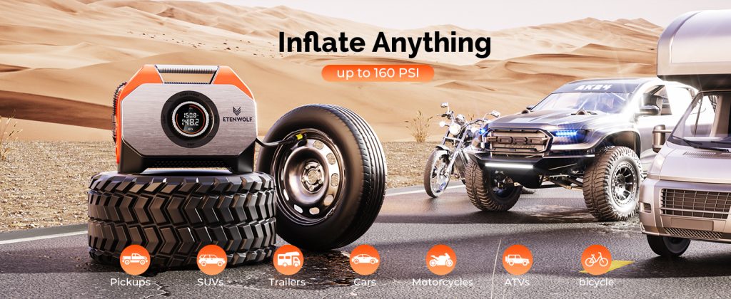 ETENWOLF Vortex S6 portable air compressor inflating various vehicles including pickups, SUVs, trailers, cars, motorcycles, ATVs, and bicycles up to 160 PSI