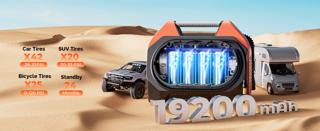 ETENWOLF Vortex S6 features a 19200mAh battery capable of inflating 42 car tires or 20 SUV tires, with a 24-month standby time for desert off-roading