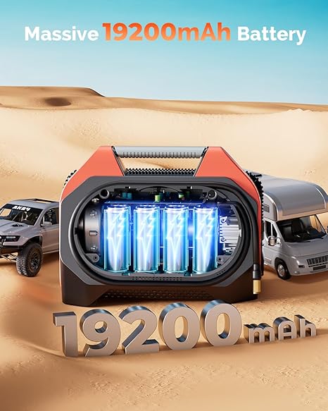 ETENWOLF Vortex S6 portable air compressor featuring a massive 19200mAh battery for heavy duty truck and RV tire inflation