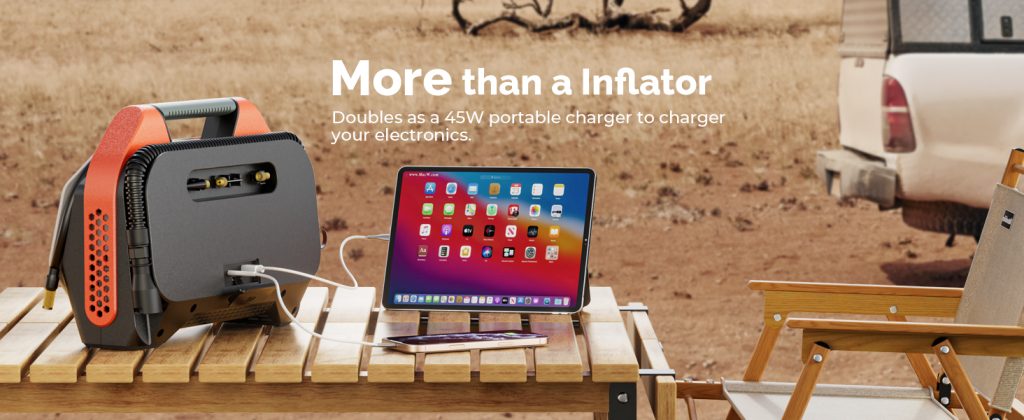 ETENWOLF Vortex S6 doubling as a 45W portable fast charger to power an iPad and smartphone during an outdoor camping trip