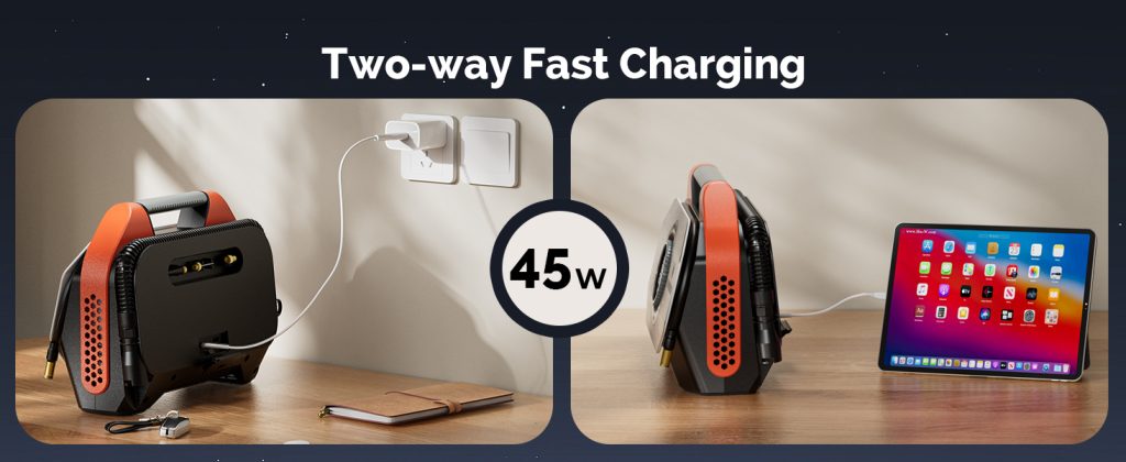 ETENWOLF Vortex S6 supporting 45W two-way fast charging: rapidly recharging the inflator itself and fast charging an iPad via USB-C