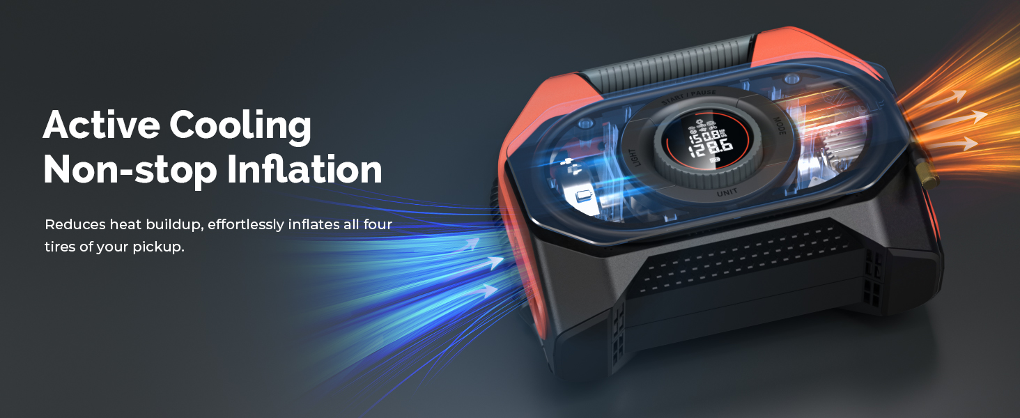 ETENWOLF Vortex S6 tire inflator with active cooling system and airflow design to prevent overheating during continuous inflation of four pickup tires