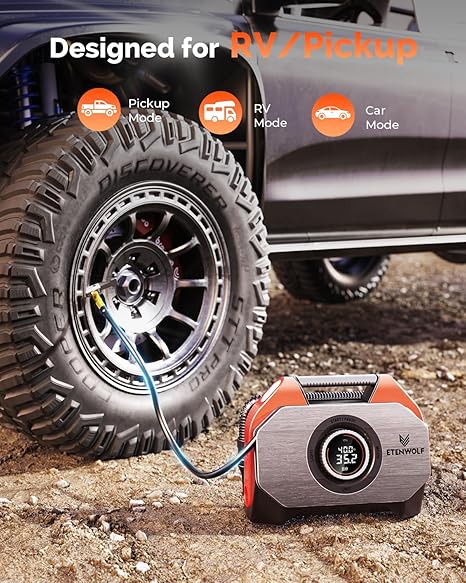 ETENWOLF Vortex S6 cordless air compressor inflating a pickup truck tire, featuring specialized modes for RV and off-road vehicles