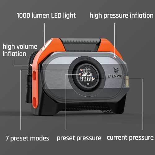 ETENWOLF Vortex S6 functional overview showing 1000 lumen LED, 7 preset modes, high volume and high pressure inflation ports