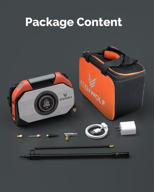Everything included in the ETENWOLF Vortex S6 box: tire inflator, durable carrying bag, charging cable, and various nozzles