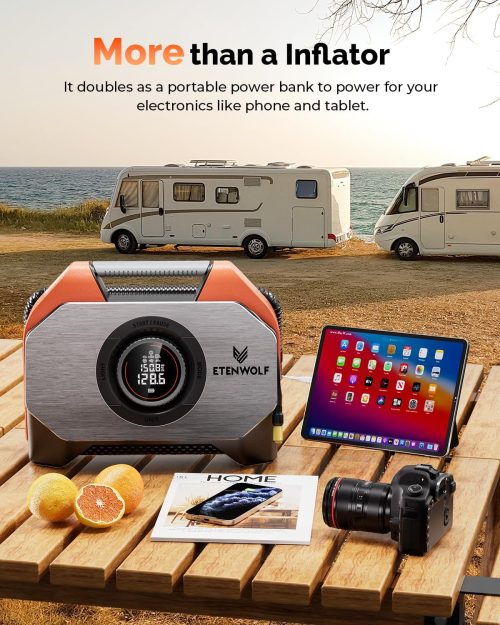 ETENWOLF Vortex S6 acting as a portable power bank to charge an iPad and phone during a seaside RV camping trip