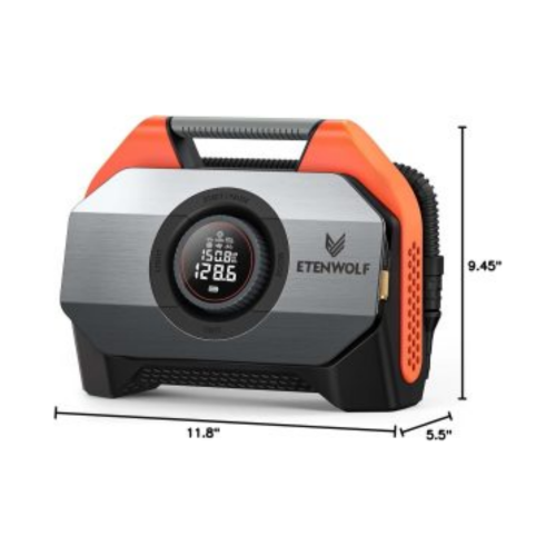 Dimensions of ETENWOLF Vortex S6 cordless air compressor: 11.8 inches length, 9.45 inches height, and 5.5 inches width