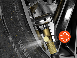 Close-up of ETENWOLF Vortex S6 heavy-duty air chuck attached to a tire valve, featuring a built-in deflation button for precise pressure adjustment
