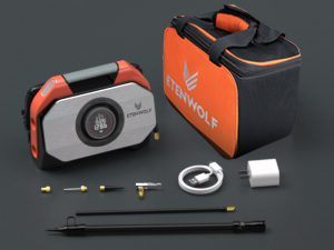 Everything included in the ETENWOLF Vortex S6 box: cordless inflator, premium carrying bag, 45W wall charger, USB-C cable, heavy-duty hoses, and various nozzle adapters