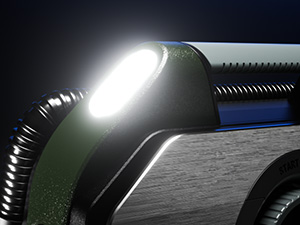 Close-up of ETENWOLF Vortex S7 featuring a built-in 1000 lumens LED light for night inflation and emergency signaling.