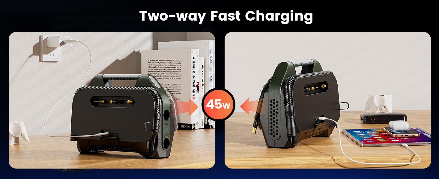 ETENWOLF Vortex S7 showing 45W two-way fast charging via USB-C, charging a tablet and being recharged from a wall outlet.