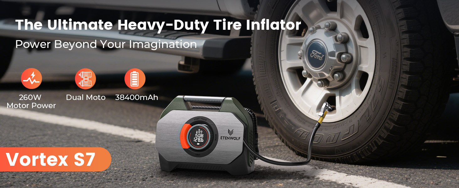 ETENWOLF Vortex S7 ultimate heavy-duty cordless tire inflator for pickups and trucks with 260W motor