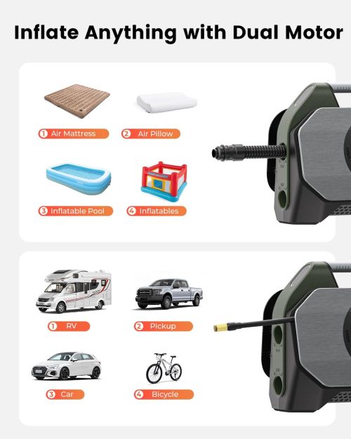 Inflate Anything with Dual Motor Technology ETENWOLF Vortex S7 dual motor inflator for air mattresses, pools, RVs, pickups, and bicycles