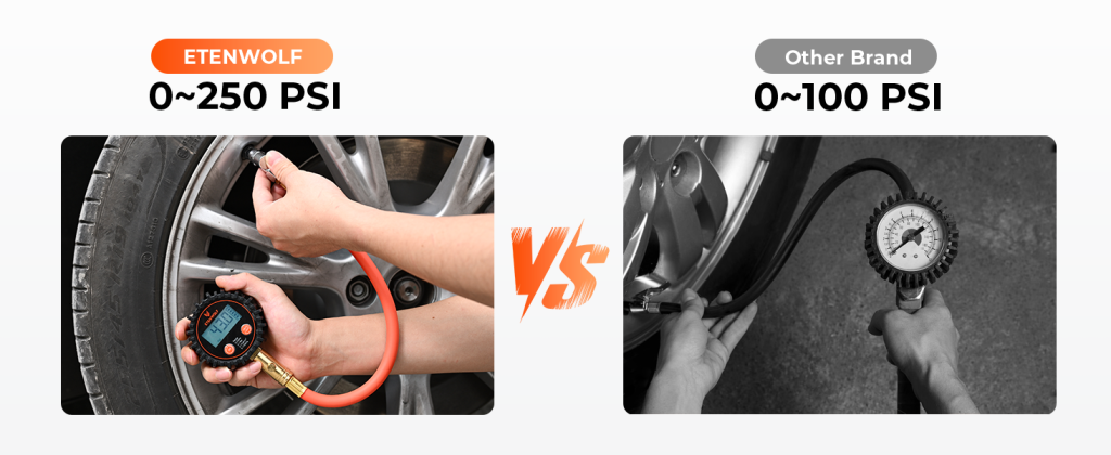 ETENWOLF 250 PSI tire gauge vs other brand 100 PSI gauge