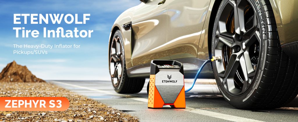 ETENWOLF Zephyr S3 heavy-duty cordless tire inflator inflating a car tire on the road, designed for pickups and SUVs