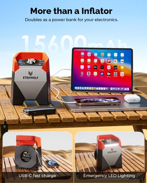 Zephyr S5 15600mAh Power Bank & Emergency LED Light ETENWOLF Zephyr S5 portable tire inflator doubling as a 15600mAh power bank with USB-C fast charging and LED lighting.
