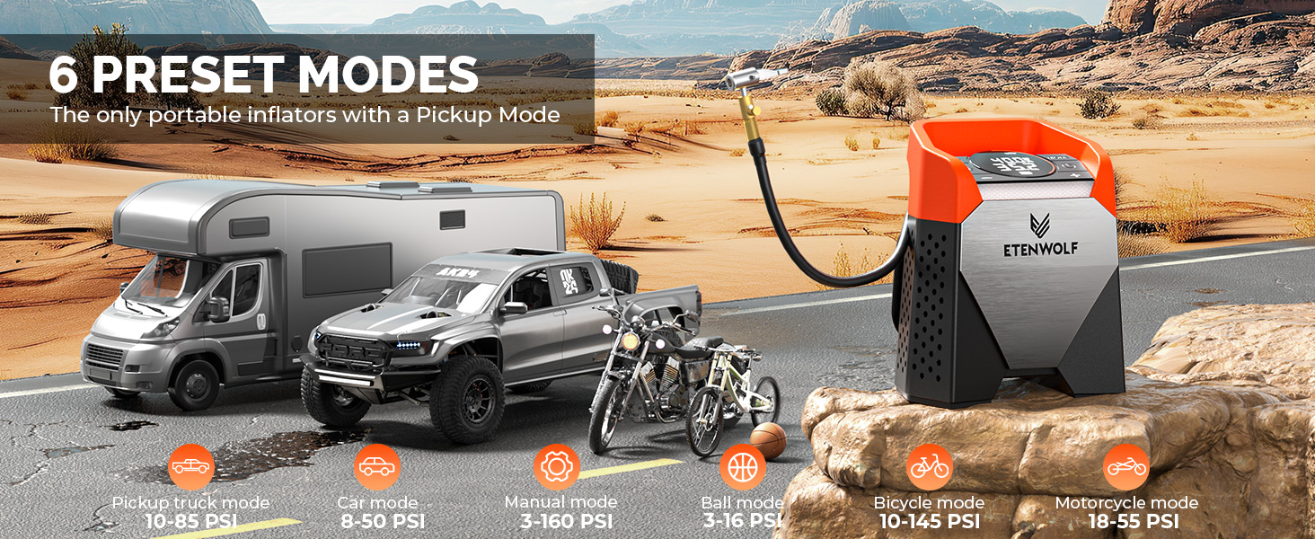 Portable tire inflator showing 6 modes: pickup, car, motorcycle, bike, ball, and manual (up to 160 PSI).