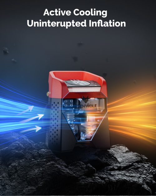 Zephyr S5 Active Cooling & Heat Dissipation System ETENWOLF Zephyr S5 portable inflator featuring active cooling system for uninterrupted inflation and heat protection.