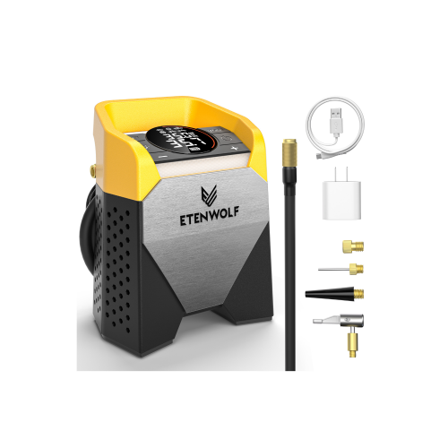ETENWOLF Zephyr S5 Portable Tire Inflator - Yellow Edition Yellow ETENWOLF Zephyr S5 tire inflator with 15600mAh battery, 1.5 CFM speed, and full accessories kit including 30W adapter.