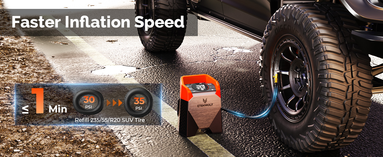 ETENWOLF Zephyr S5 inflating a 235/55/R20 SUV tire from 30 to 35 PSI in under 1 minute.