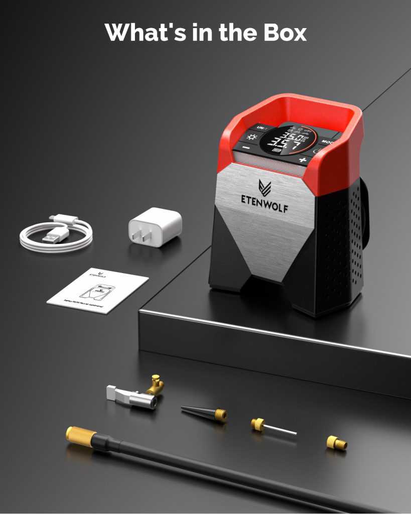 What's in the box: ETENWOLF Zephyr S5 inflator, charging cable, power adapter, air hose, and multiple valve adapters.