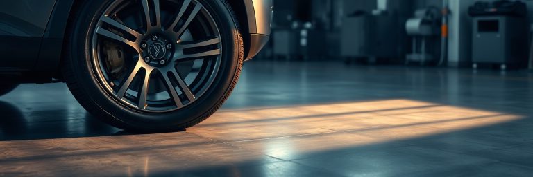 SUV tire inside a modern garage with warm sunlight and professional automotive workshop atmosphere for portable air compressor buying guide