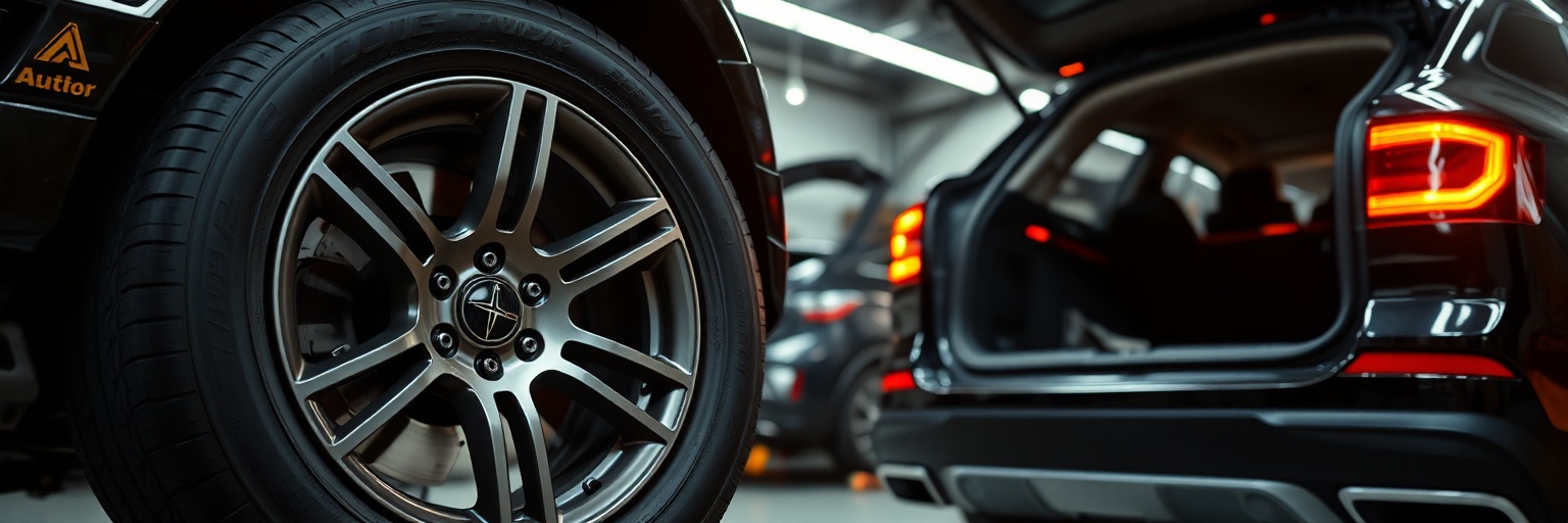 Close-up of a car tire with an open trunk in a garage, showing the application scene for portable tire inflator storage and tire maintenance.