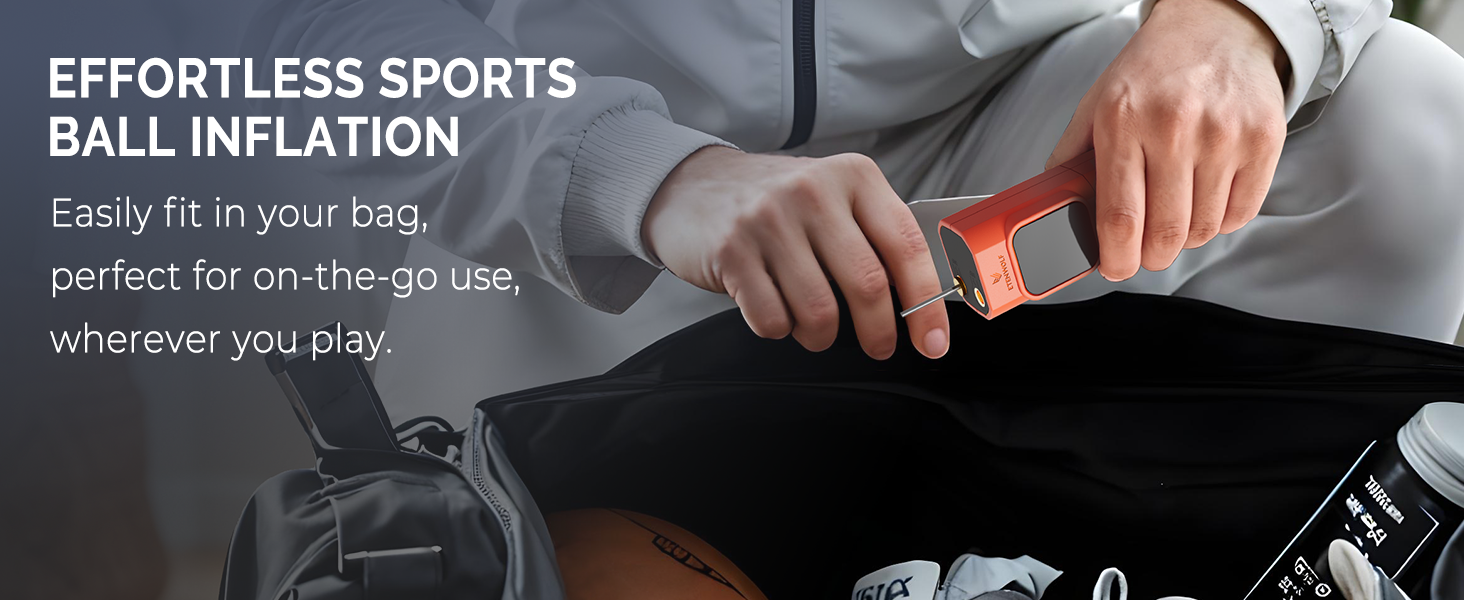 A person putting the orange ETENWOLF P200 portable electric ball pump into a gym bag.