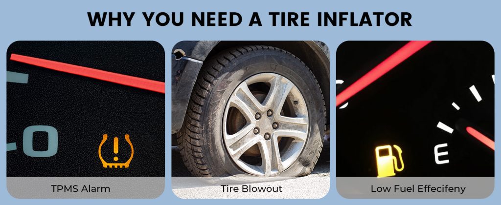 Infographic showing TPMS alarm, flat tire, and low fuel efficiency as reasons for a tire inflator