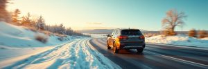 An SUV driving on a cold, snowy winter road, demonstrating winter driving safety when low ambient temperatures cause tire pressure to drop.