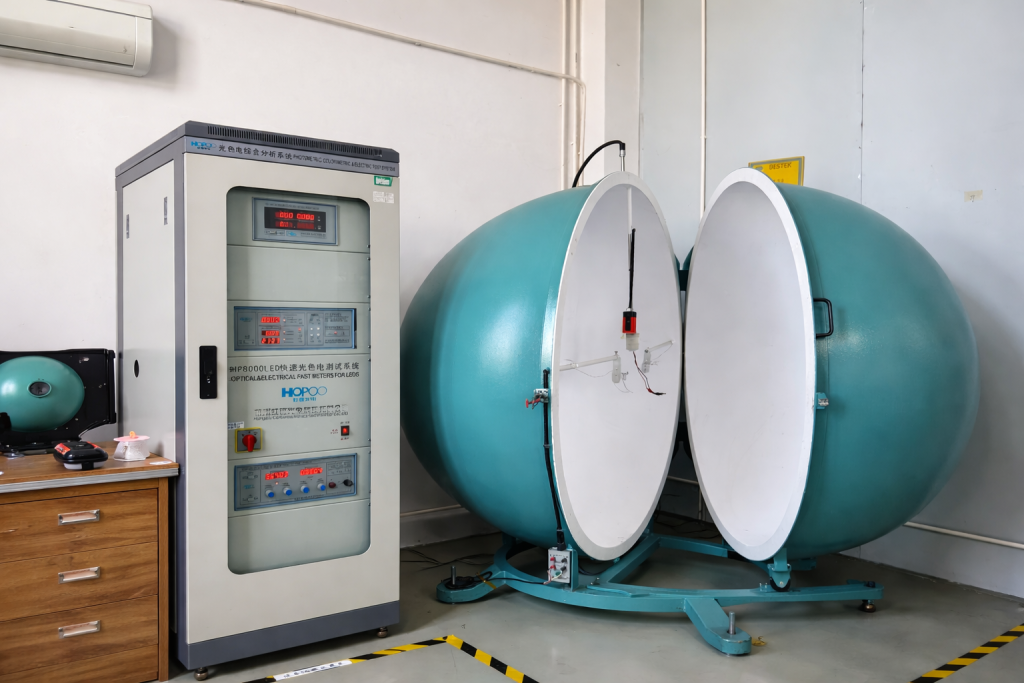 An ETENWOLF AIR2 Pro undergoing optical and spectral testing inside an integrating sphere system by Hopoo Color.