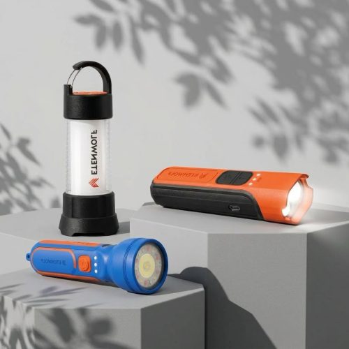 ETENWOLF outdoor lighting bundle including black CL5 camping lantern, orange L2 flat flashlight, and blue L1 kids flashlight on gray geometric platforms.