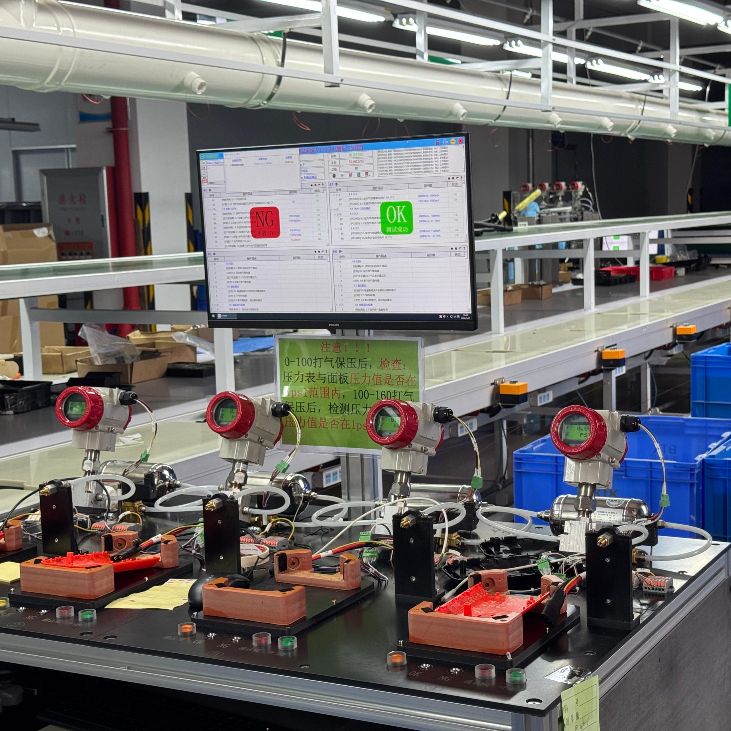 Industrial pressure gauge calibration and safety testing on a modern manufacturing line