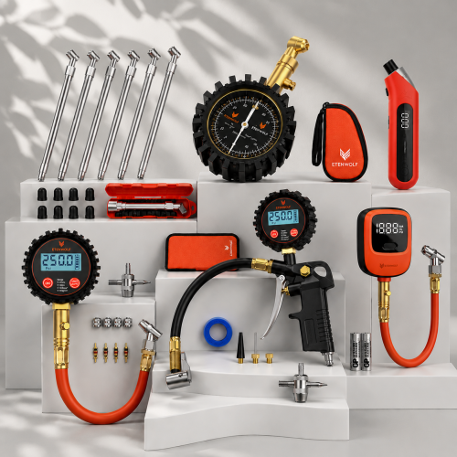 ETENWOLF tire pressure gauges and inflator tools collection on stepped pedestals