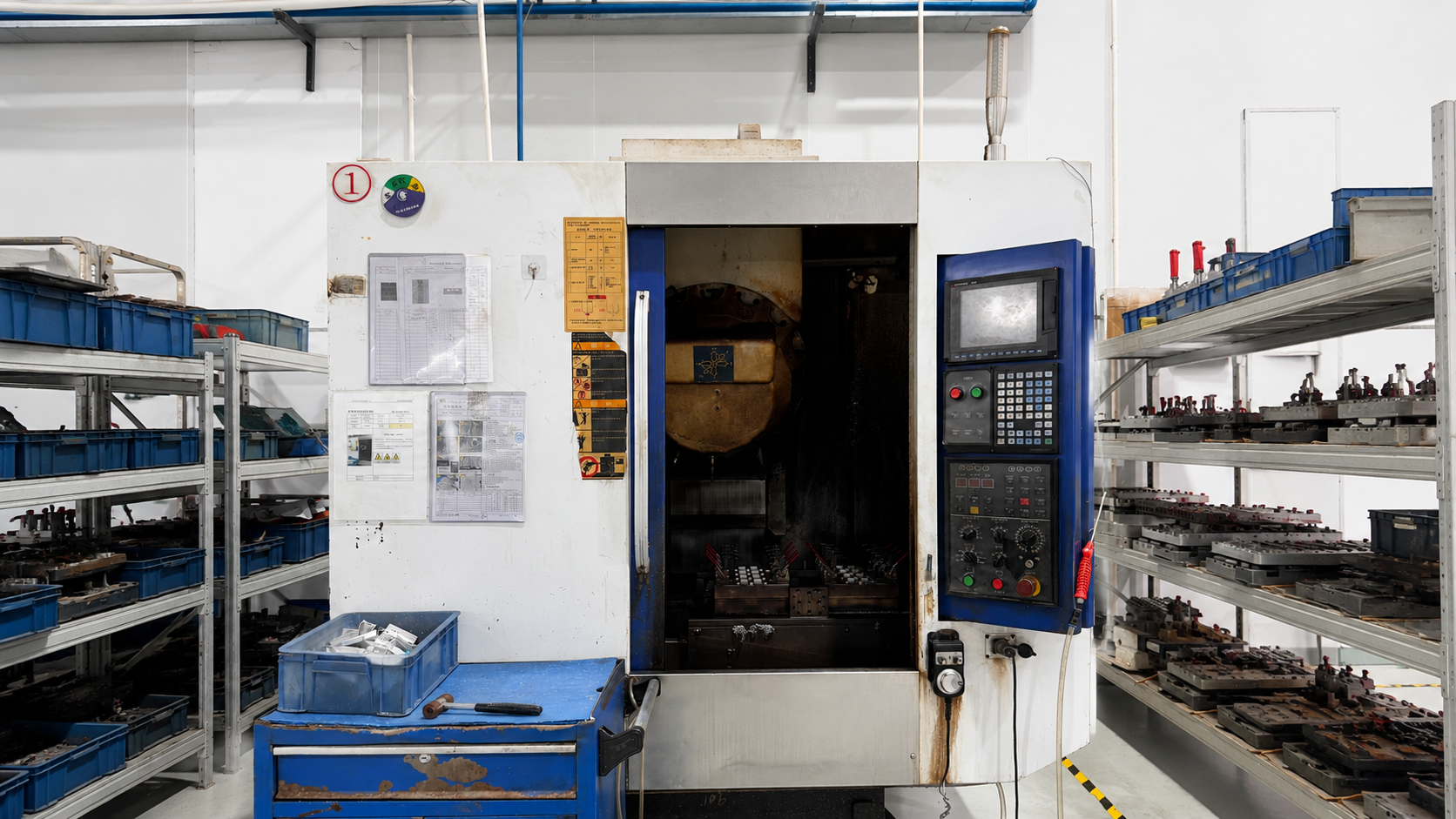 Open enclosure view of the JMAST CNC machine showing the machining chamber and finished aluminum components at ETENWOLF.