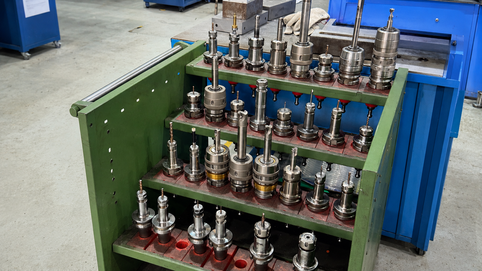 Multi-tiered step-type CNC tool cart and 5S location management under ETENWOLF workshop lean manufacturing standards.