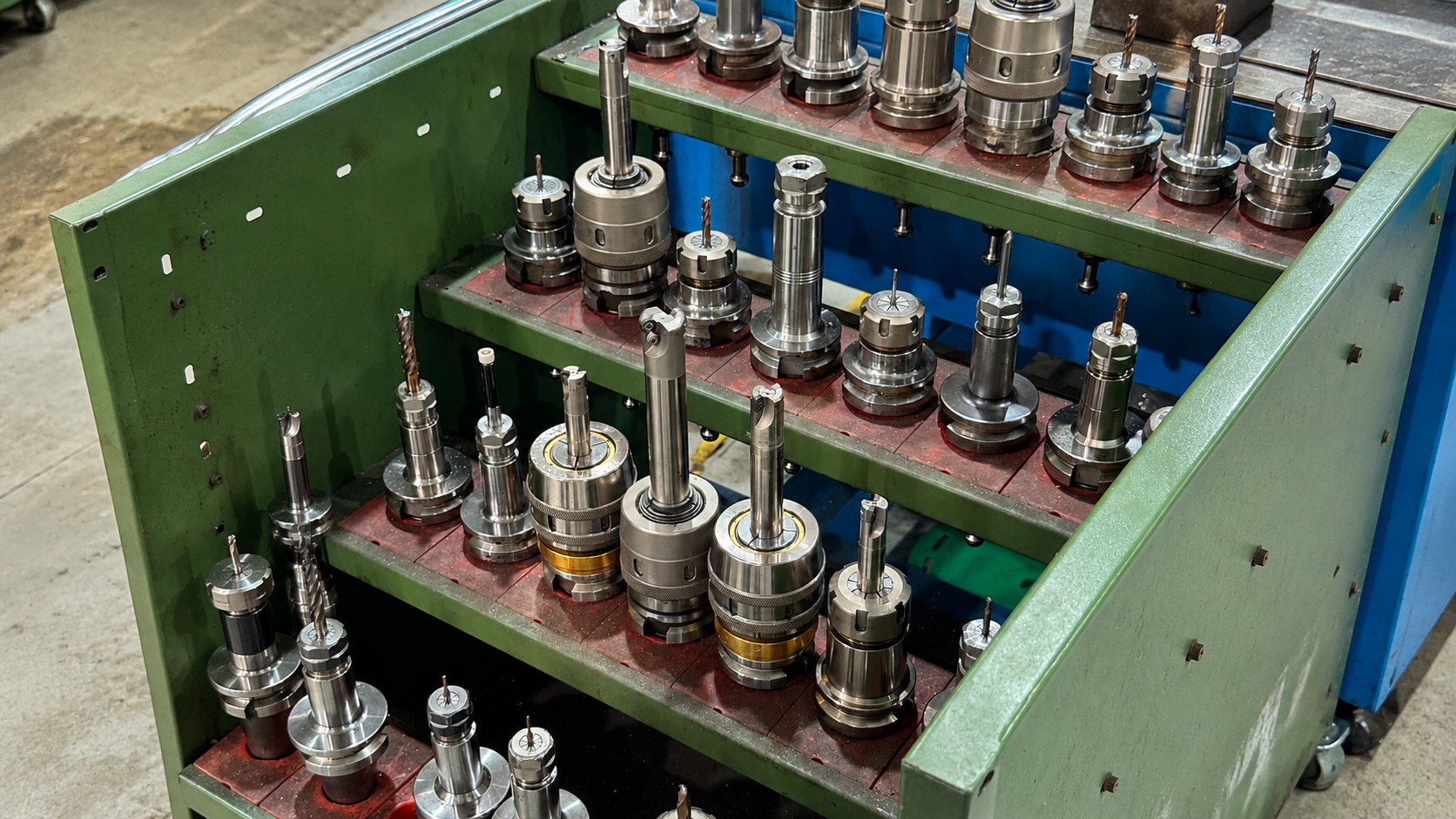 Close-up of an ETENWOLF mobile CNC tool rack loaded with high-precision collet chucks and multi-process cutting tools.